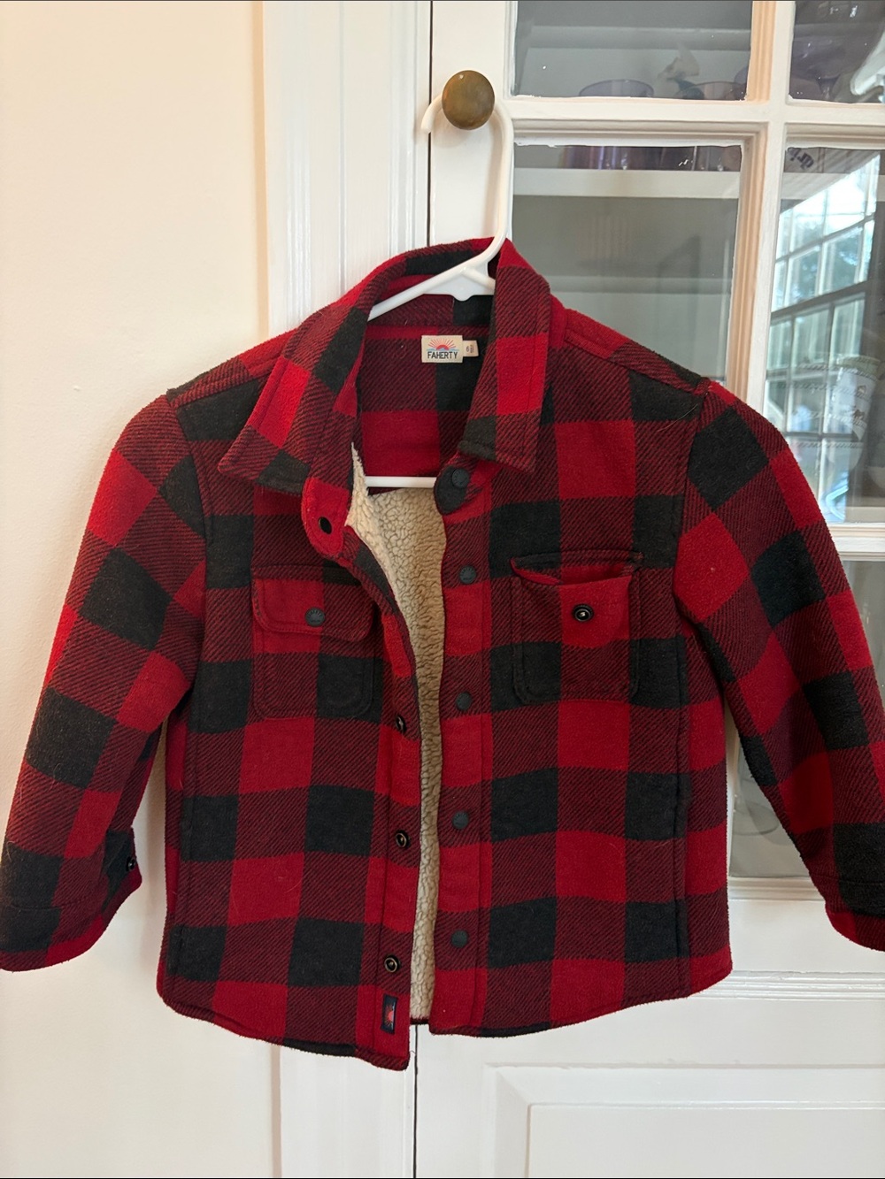 Faherty Kids Red and Black Buffalo Plaid Sherpa-Lined Shacket